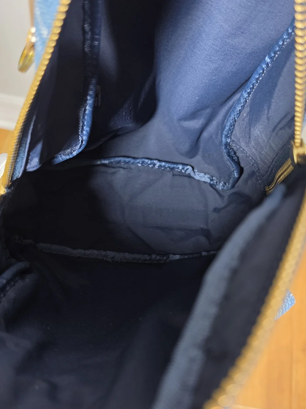 FRYE Small Striped Denim Backpack in Blue with Leather Tan Accents